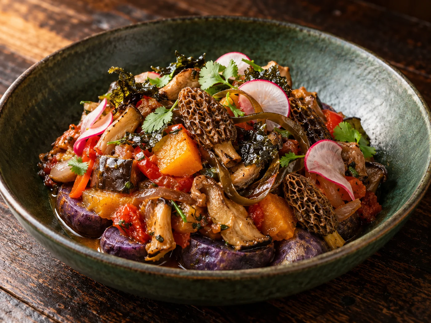 Illustrative image of Patagonian ratatouille with seasonal mushrooms, morels and purple potatoes