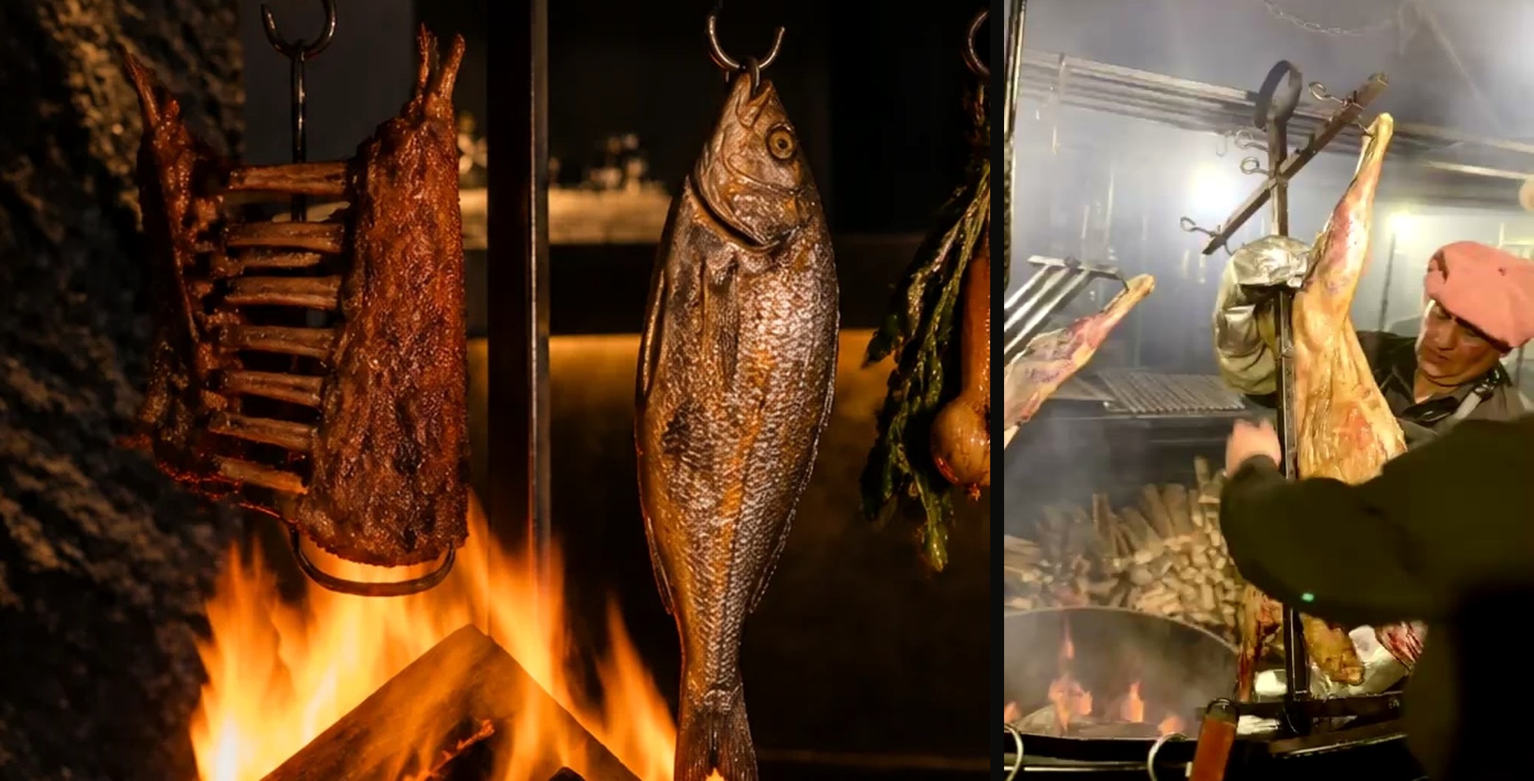 Patagonian products suspended over the fire beside an asador preparing lamb