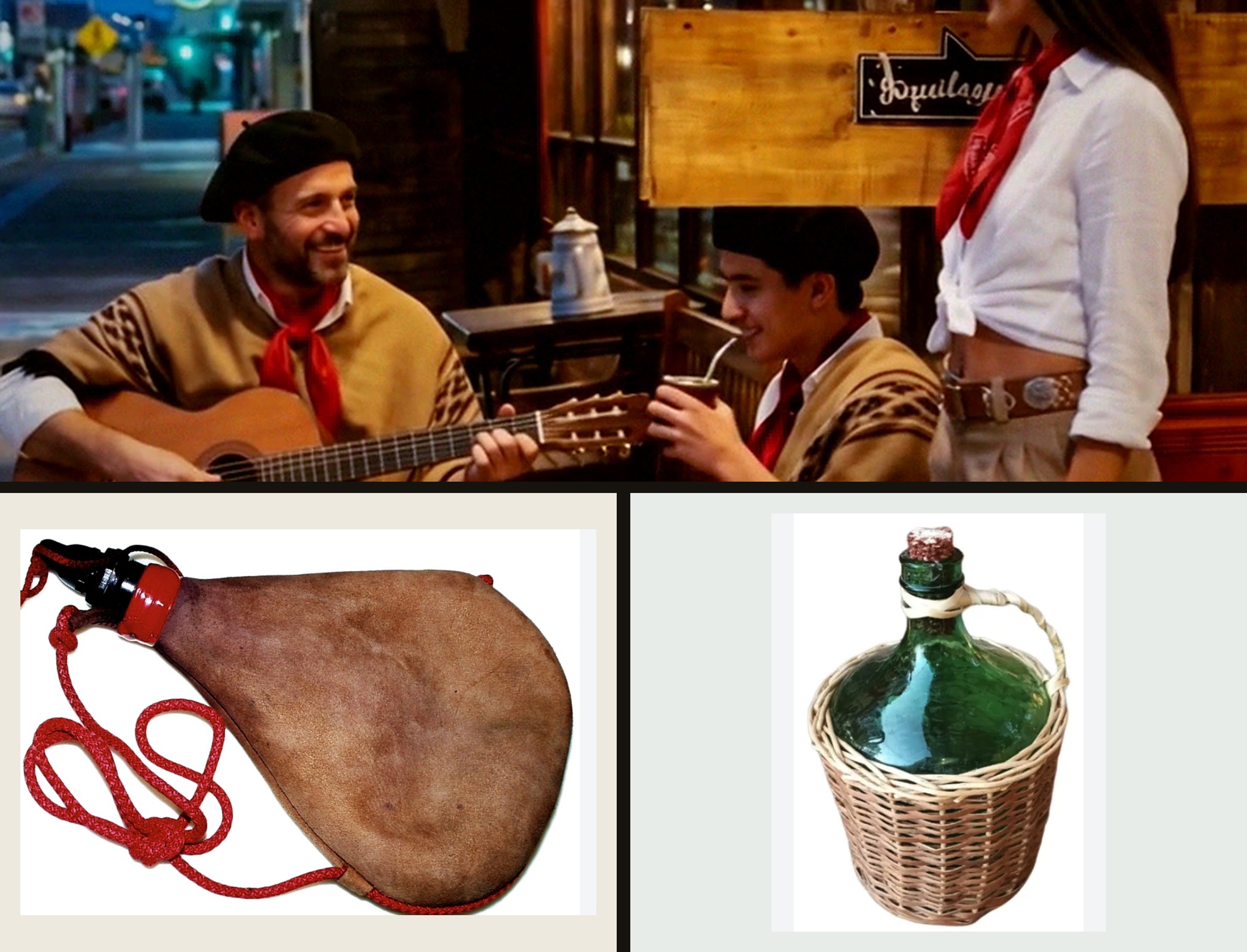 Patagonian music above a traditional leather wine bota and a wicker-covered glass carboy