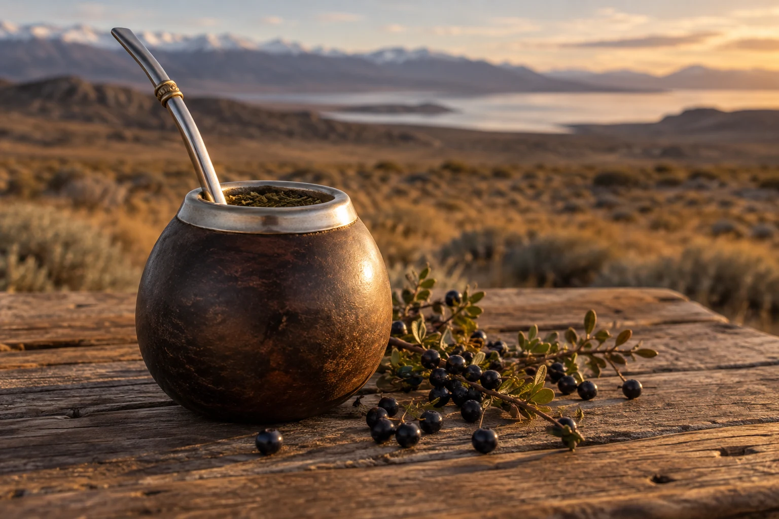 An artisan mate with a bombilla and calafate berries overlooking the Patagonian steppe